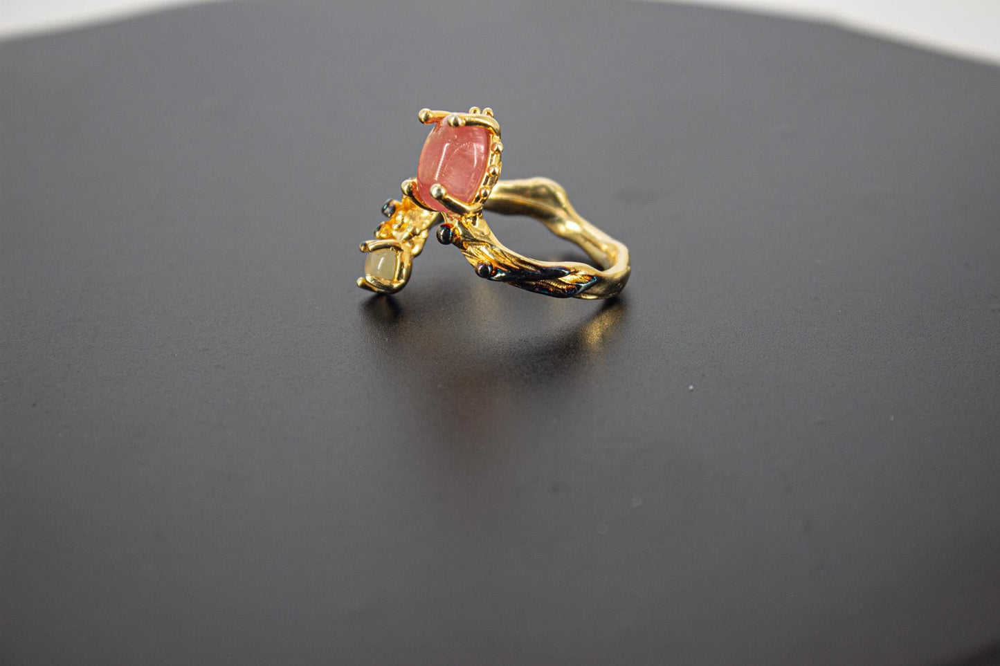 Handmade Organic 14K Gold Plated Red Agate Ring β Black Rhodium Detail, Nickel-Free Brass, Chunky Adjustable Boho