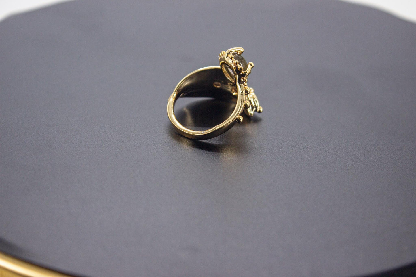 Handmade Organic 14K Gold Plated Black Rutile Quartz & Zircon Ring β Nickel-Free Brass, Sculptural Adjustable Boho