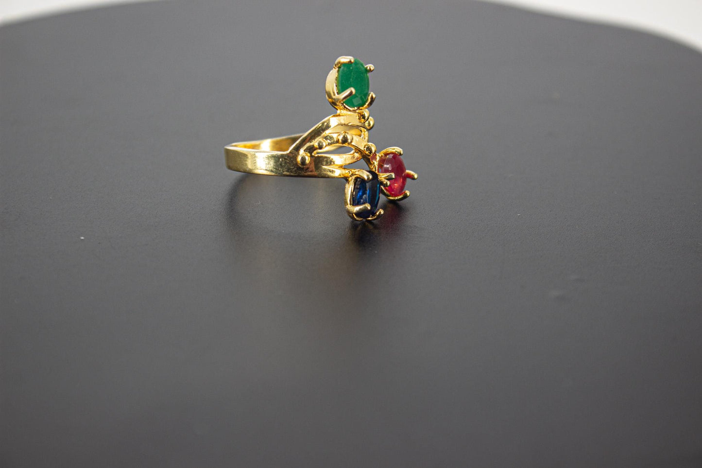 Handmade Organic 14K Gold Plated Multicolor Zircon Ring β Black Rhodium Detail, Nickel-Free Brass, Chunky Adjustable Boho
