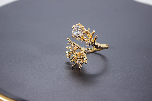 Handmade Ice Cut & Zircon Ring – Organic 14K Gold Plated Brass, Sculptural Adjustable Boho