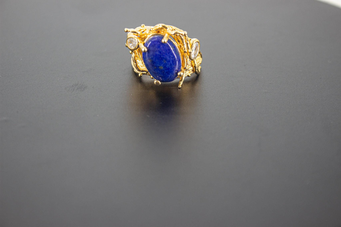 Organic 14K Gold Plated Lapis Lazuli Ring, Handmade Nickel-Free Brass Statement Ring, Chunky Blue Stone, Adjustable Boho Jewelry