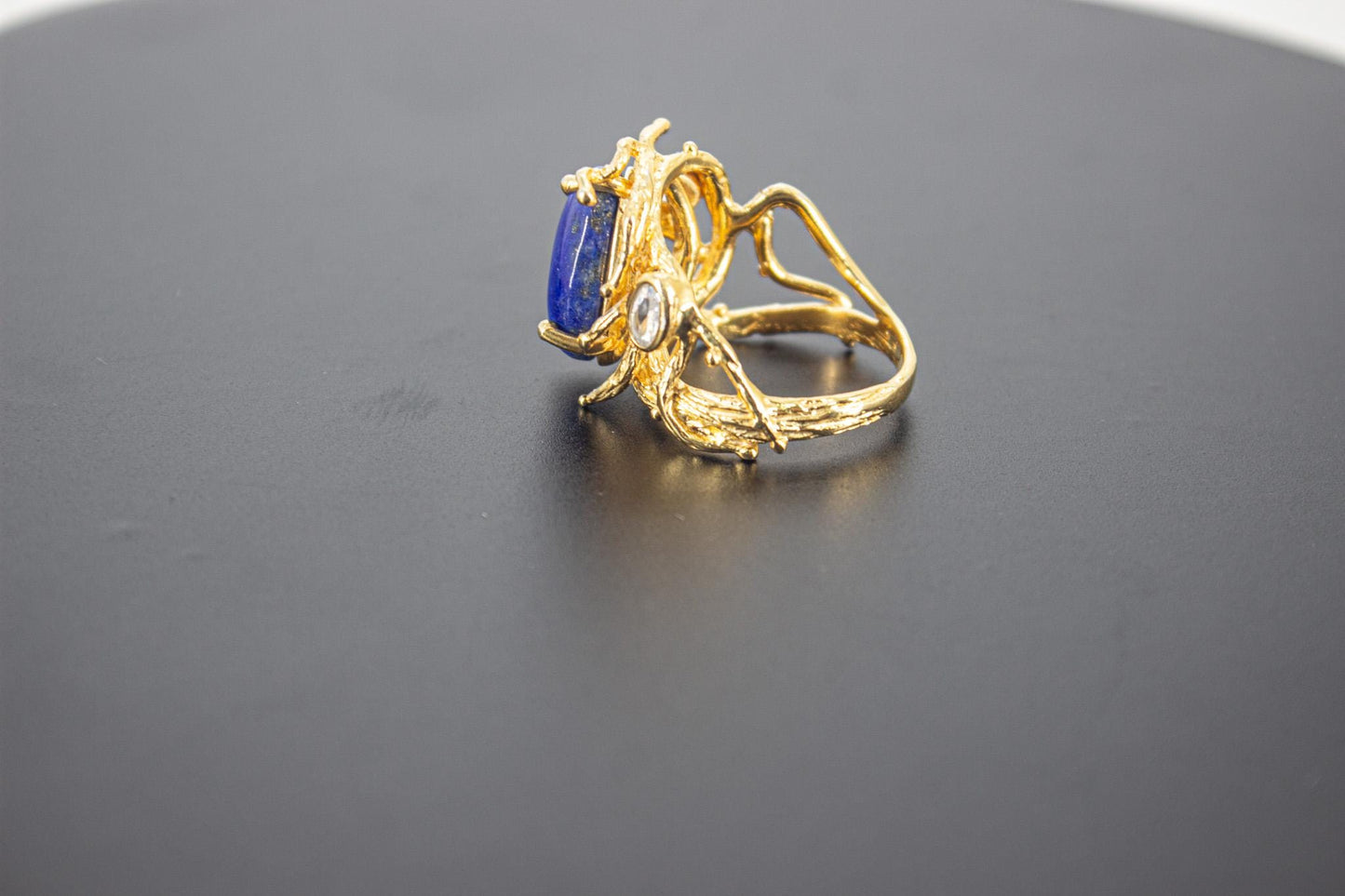 Organic 14K Gold Plated Lapis Lazuli Ring, Handmade Nickel-Free Brass Statement Ring, Chunky Blue Stone, Adjustable Boho Jewelry