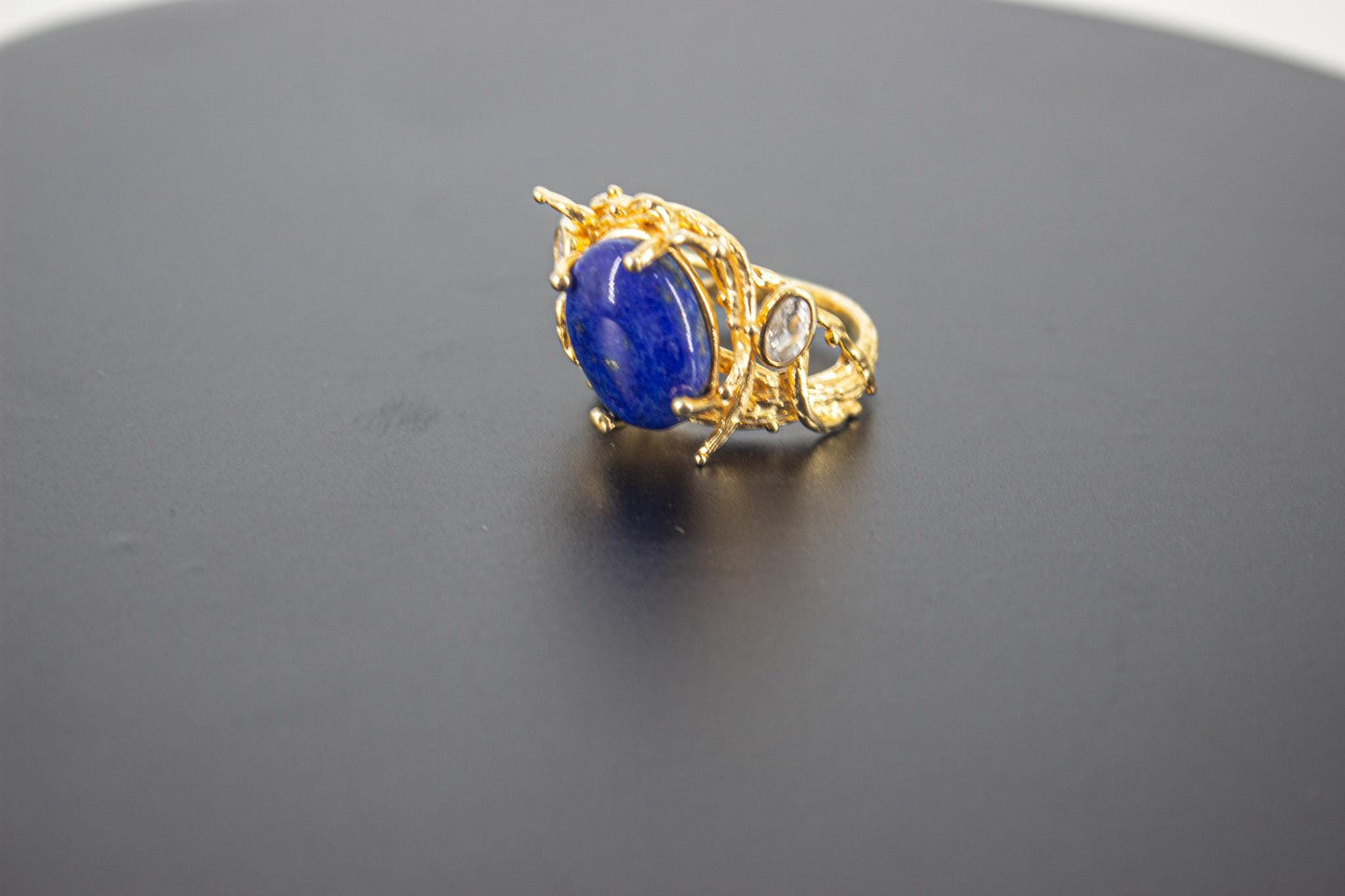 Organic 14K Gold Plated Lapis Lazuli Ring, Handmade Nickel-Free Brass Statement Ring, Chunky Blue Stone, Adjustable Boho Jewelry