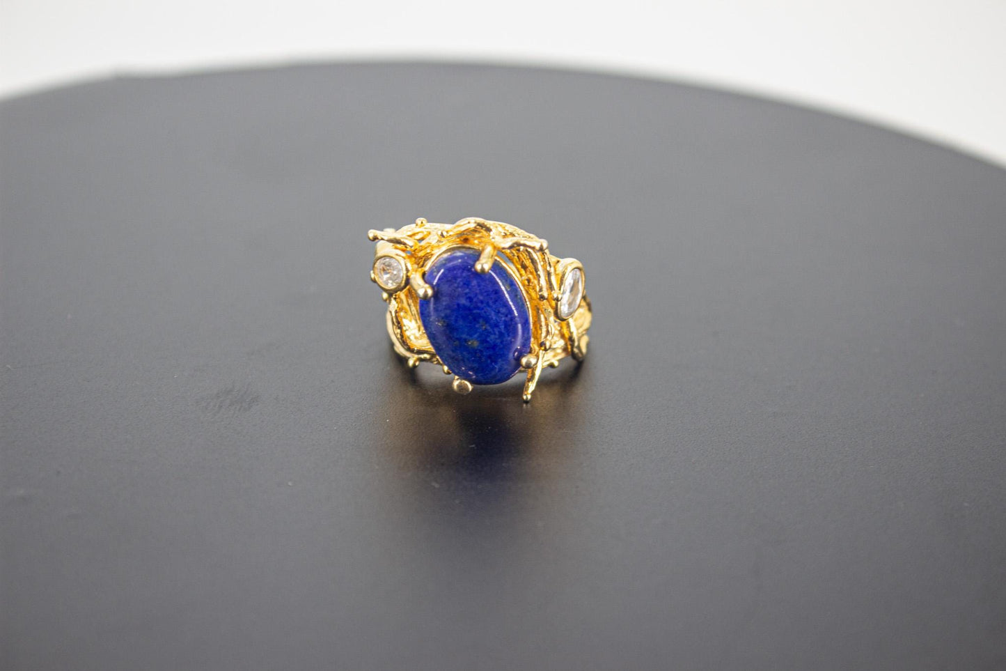 Organic 14K Gold Plated Lapis Lazuli Ring, Handmade Nickel-Free Brass Statement Ring, Chunky Blue Stone, Adjustable Boho Jewelry