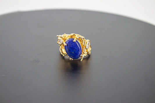 Organic 14K Gold Plated Lapis Lazuli Ring, Handmade Nickel-Free Brass Statement Ring, Chunky Blue Stone, Adjustable Boho Jewelry