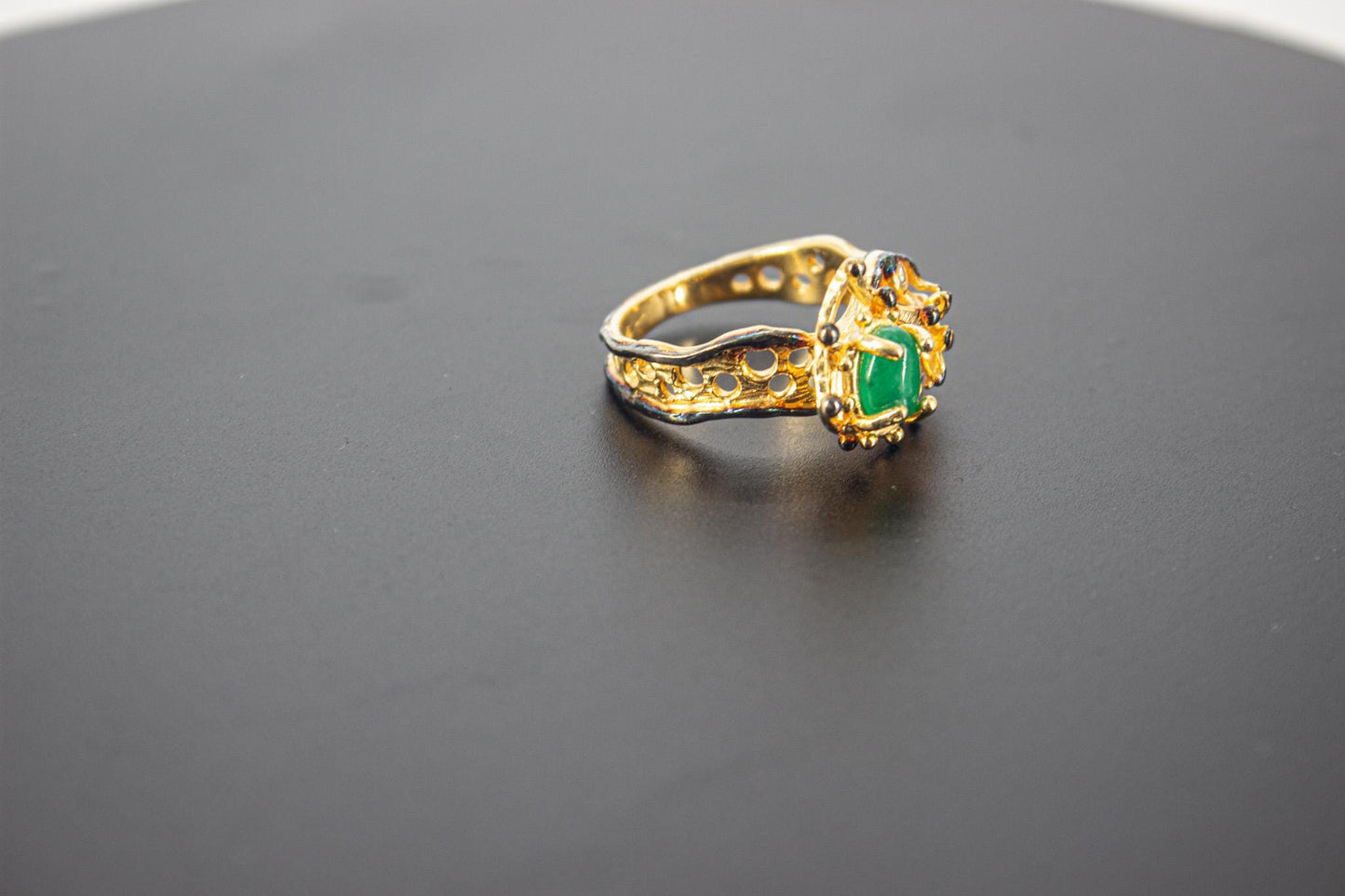 Handmade Organic 14K Gold Plated Green Agate Ring – Nickel-Free Brass Statement Ring, Chunky Adjustable Boho Jewelry