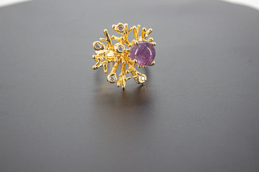 Handmade Organic 14K Gold Plated Amethyst Ring – Nickel-Free Brass Statement Ring, Chunky Purple Stone Adjustable Boho Jewelry