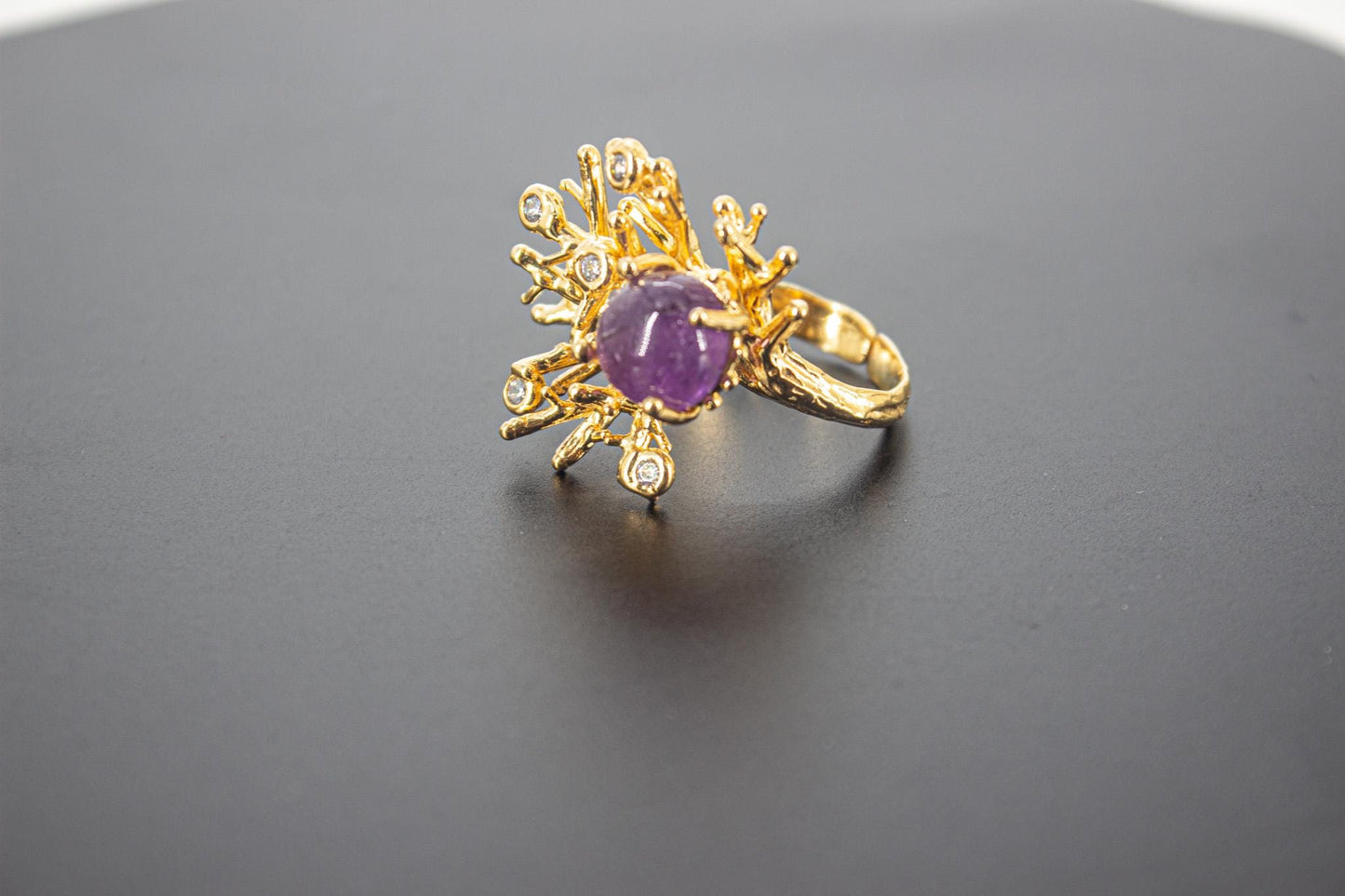 Handmade Organic 14K Gold Plated Amethyst Ring – Nickel-Free Brass Statement Ring, Chunky Purple Stone Adjustable Boho Jewelry