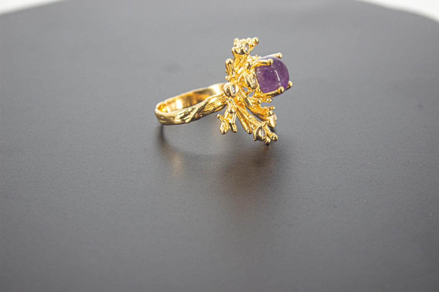 Handmade Organic 14K Gold Plated Amethyst Ring – Nickel-Free Brass Statement Ring, Chunky Purple Stone Adjustable Boho Jewelry