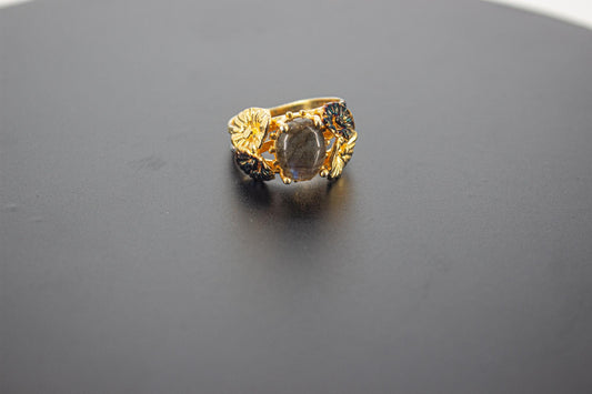 Handmade Organic 14K Gold Plated Labradorite Ring – Black Rhodium Detail, Nickel-Free Brass, Chunky Blue Stone Adjustable Boho
