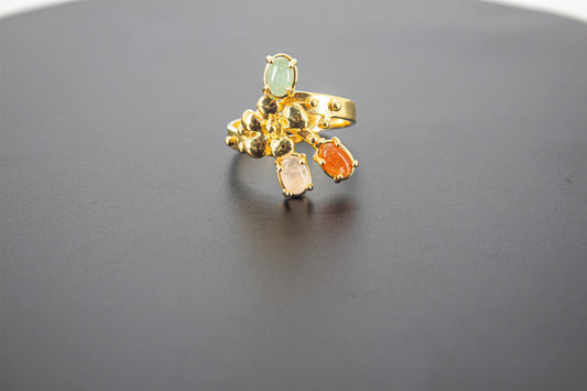 Handmade Organic 14K Gold Plated Natural Gemstone Ring – Black Rhodium Detail, Nickel-Free Brass, Chunky Adjustable Boho