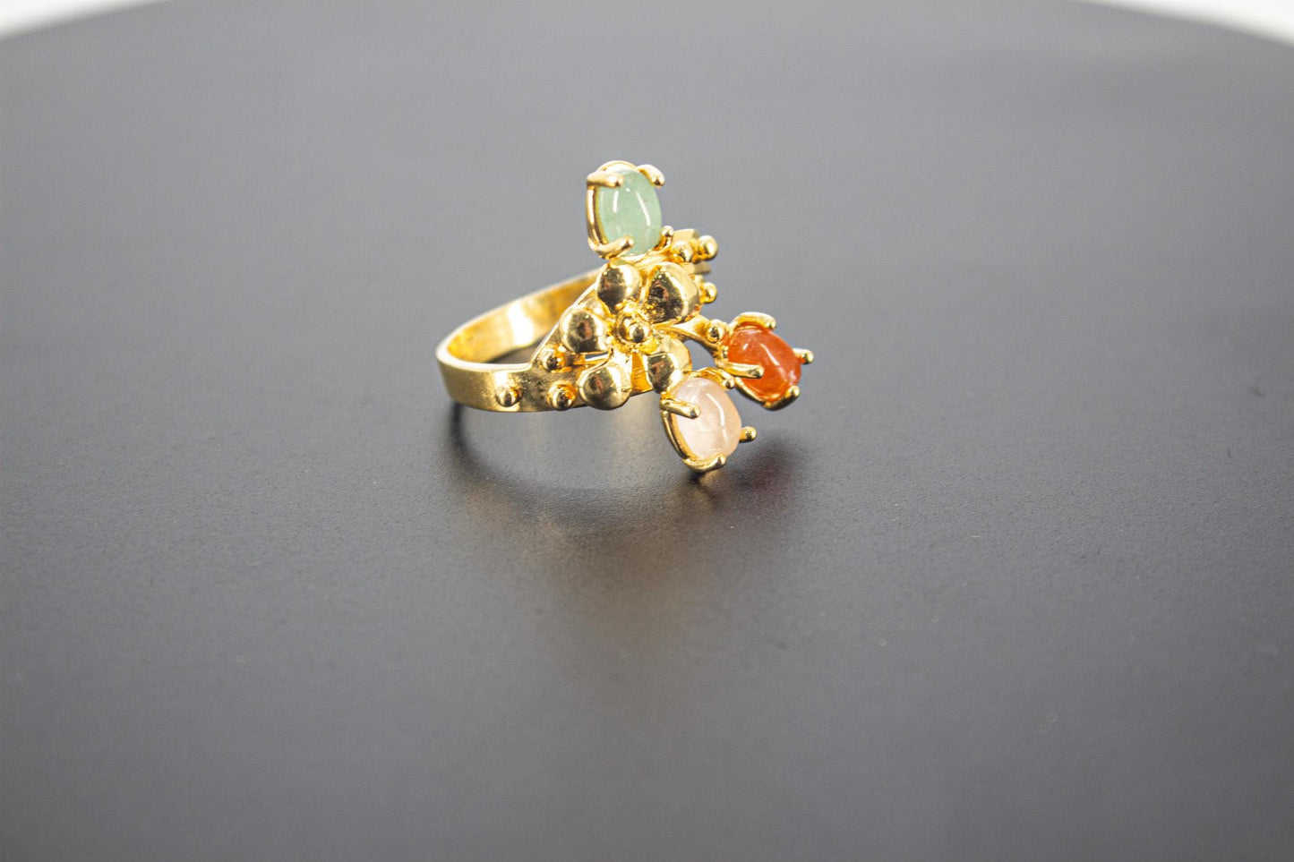 Handmade Organic 14K Gold Plated Natural Gemstone Ring – Black Rhodium Detail, Nickel-Free Brass, Chunky Adjustable Boho