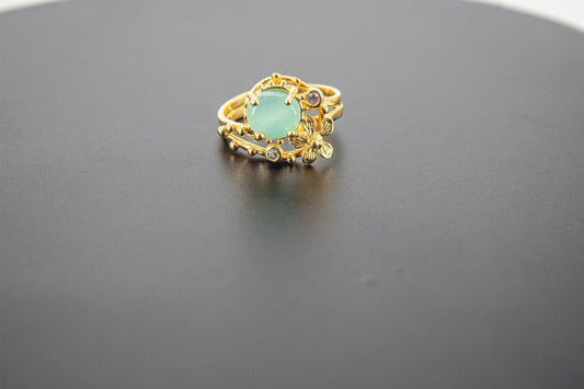 Handmade Organic 14K Gold Plated Amazonite Ring – Black Rhodium Detail, Nickel-Free Brass, Chunky Adjustable Boho
