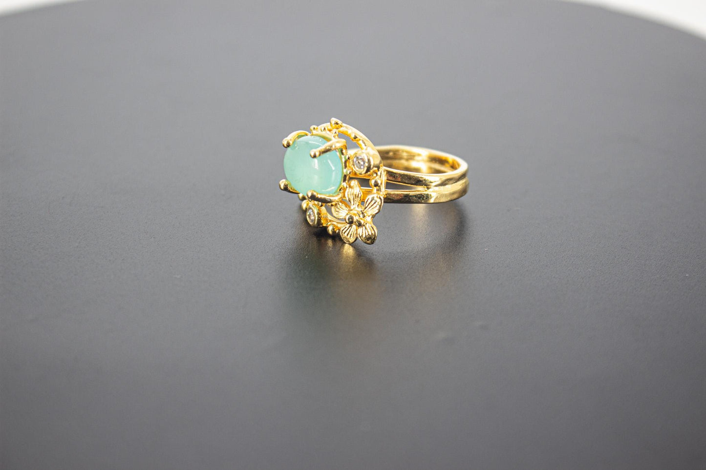 Handmade Organic 14K Gold Plated Amazonite Ring – Black Rhodium Detail, Nickel-Free Brass, Chunky Adjustable Boho