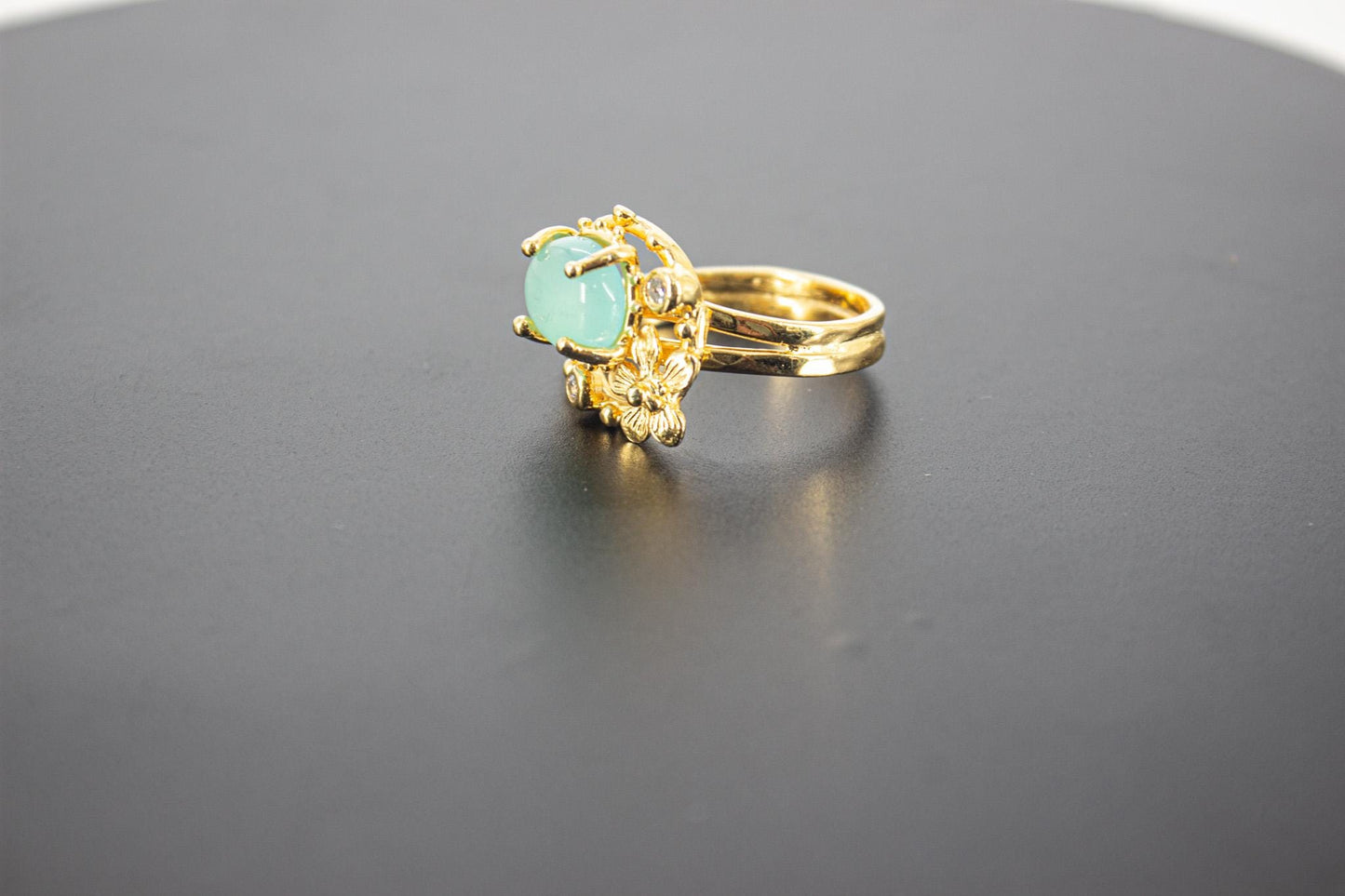 Handmade Organic 14K Gold Plated Amazonite Ring – Black Rhodium Detail, Nickel-Free Brass, Chunky Adjustable Boho
