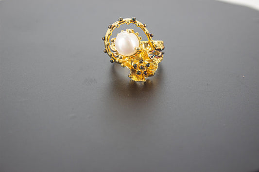 Handmade Organic 14K Gold Plated Pearl Ring – Black Rhodium Detail, Nickel-Free Brass, Chunky Adjustable Boho