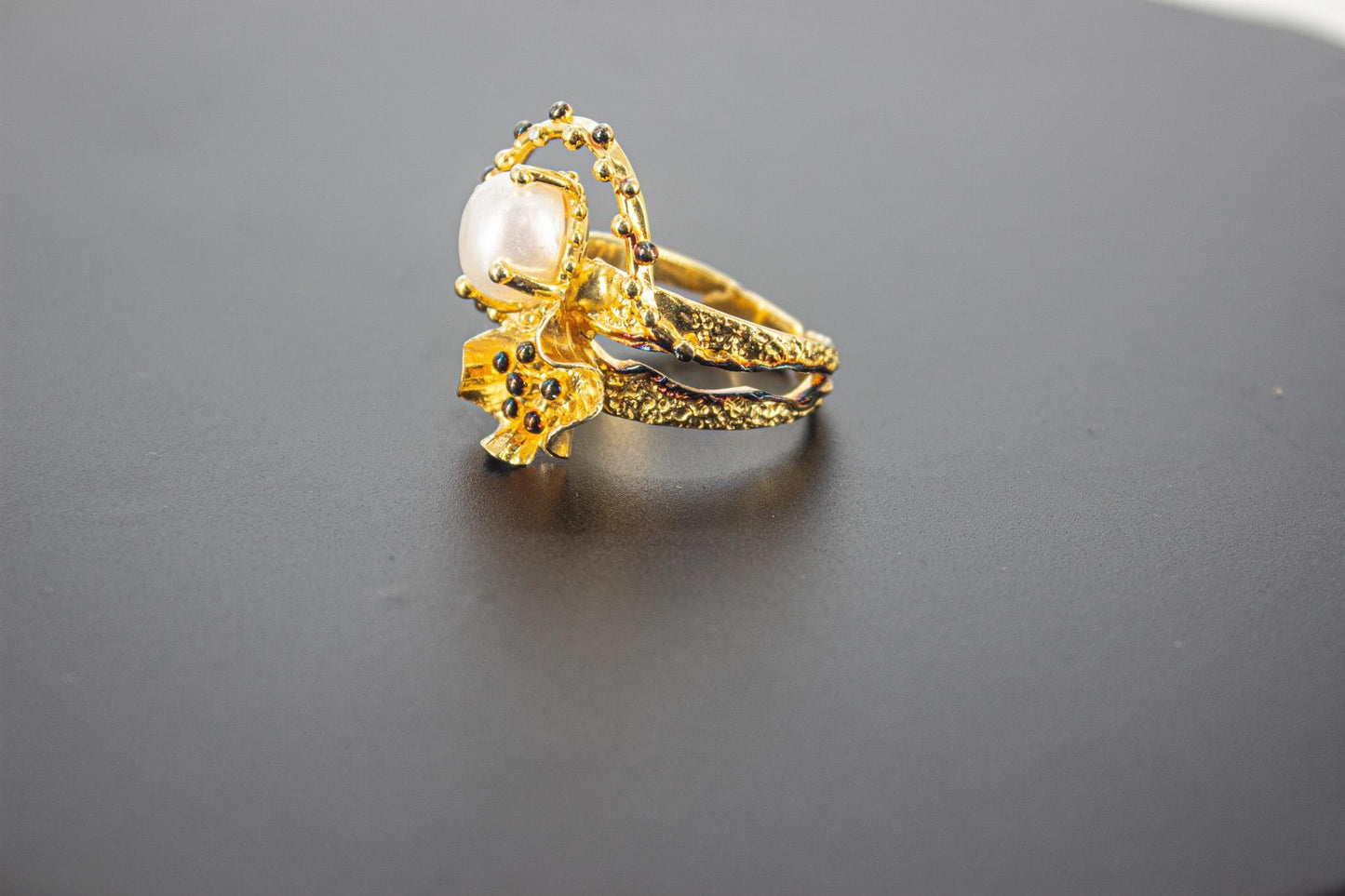 Handmade Organic 14K Gold Plated Pearl Ring – Black Rhodium Detail, Nickel-Free Brass, Chunky Adjustable Boho