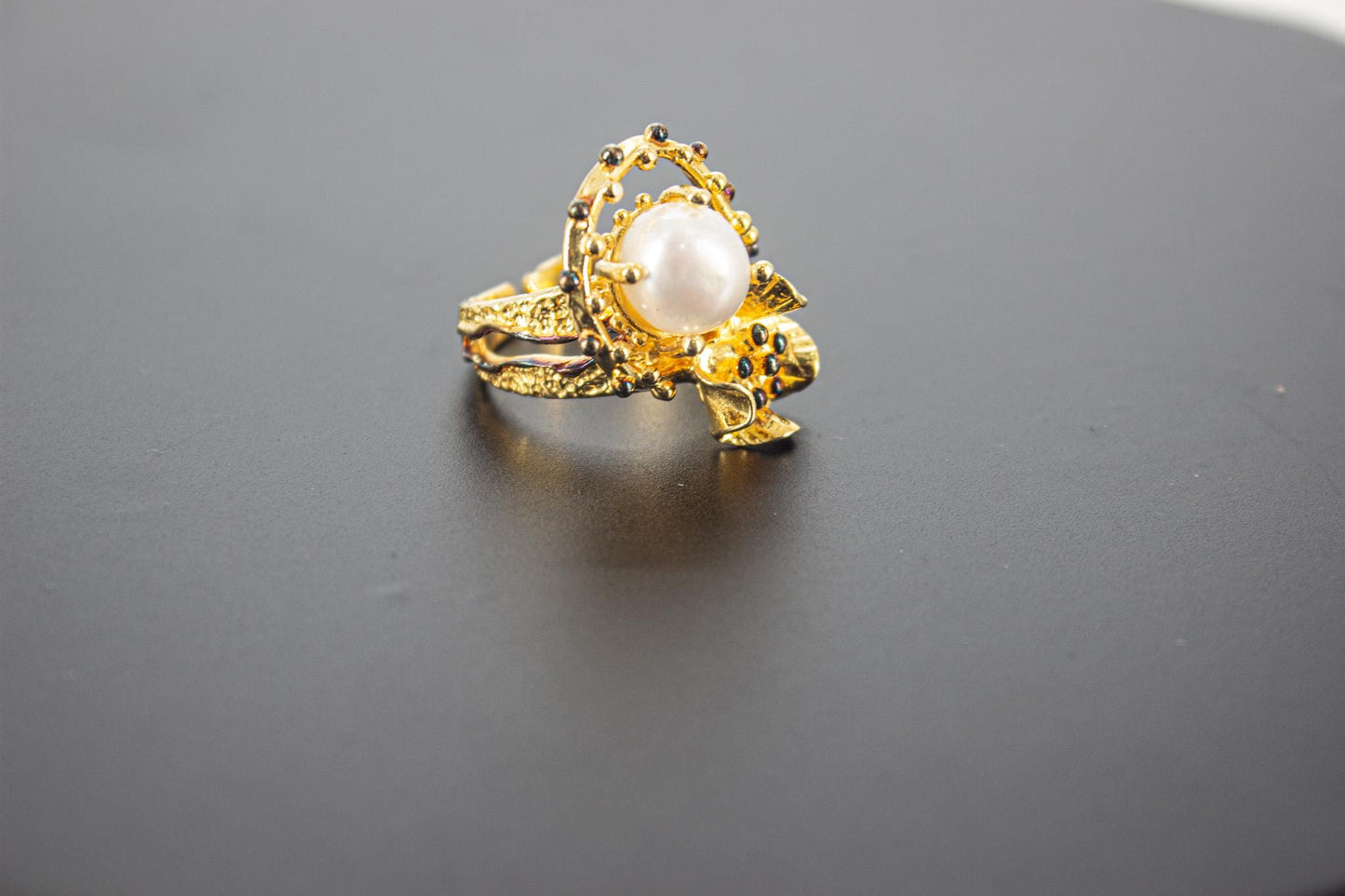 Handmade Organic 14K Gold Plated Pearl Ring – Black Rhodium Detail, Nickel-Free Brass, Chunky Adjustable Boho