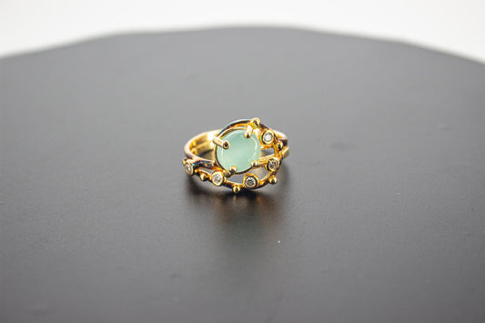 Handmade Organic 14K Gold Plated Green Agate Ring – Black Rhodium Detail, Nickel-Free Brass, Chunky Adjustable Boho