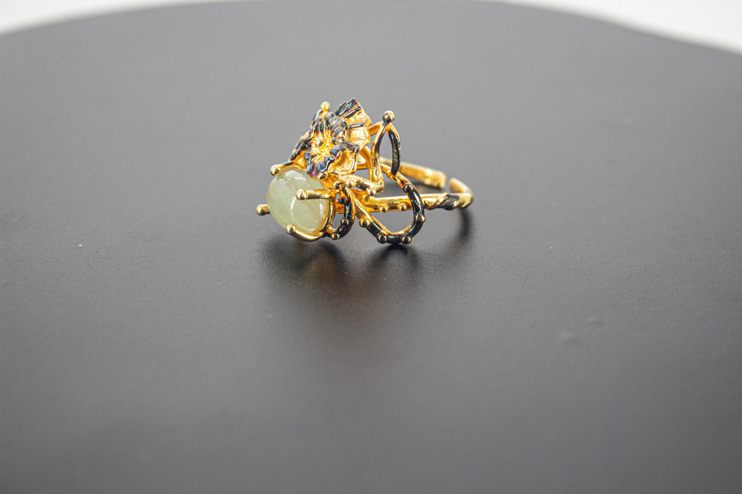 Handmade Organic 14K Gold Plated Perenite Ring – Black Rhodium Detail, Nickel-Free Brass, Chunky Adjustable Boho