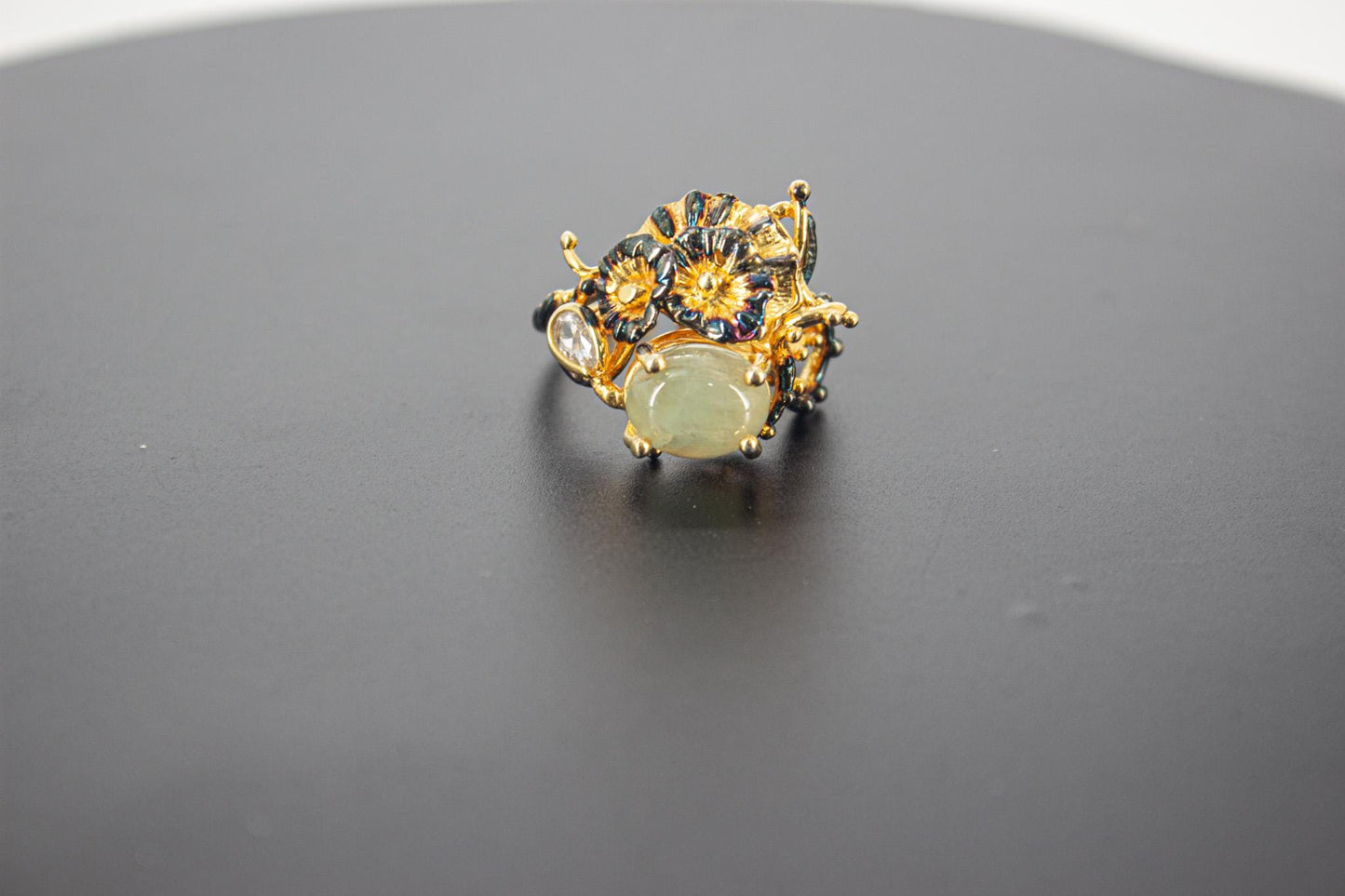 Handmade Organic 14K Gold Plated Perenite Ring – Black Rhodium Detail, Nickel-Free Brass, Chunky Adjustable Boho