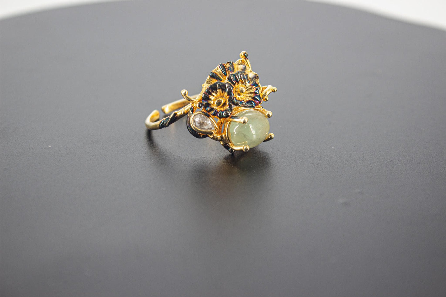Handmade Organic 14K Gold Plated Perenite Ring – Black Rhodium Detail, Nickel-Free Brass, Chunky Adjustable Boho