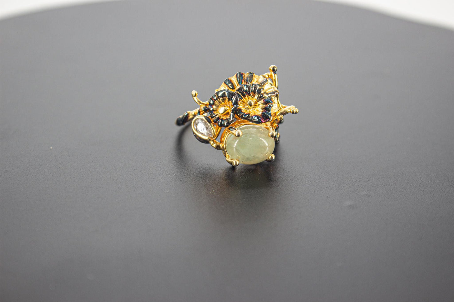 Handmade Organic 14K Gold Plated Perenite Ring – Black Rhodium Detail, Nickel-Free Brass, Chunky Adjustable Boho