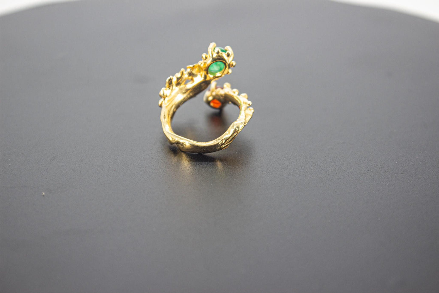 Handmade Organic 14K Gold Plated Green Agate Ring – Black Rhodium Detail, Nickel-Free Brass, Chunky Adjustable Boho