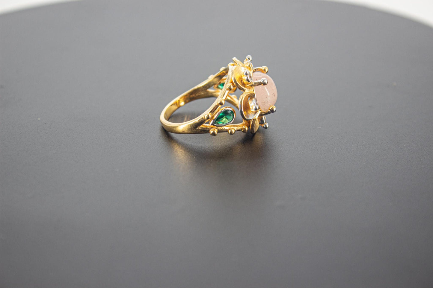 Handmade Organic 14K Gold Plated Rose Quartz Ring – Black Rhodium Detail, Nickel-Free Brass, Chunky Adjustable Boho