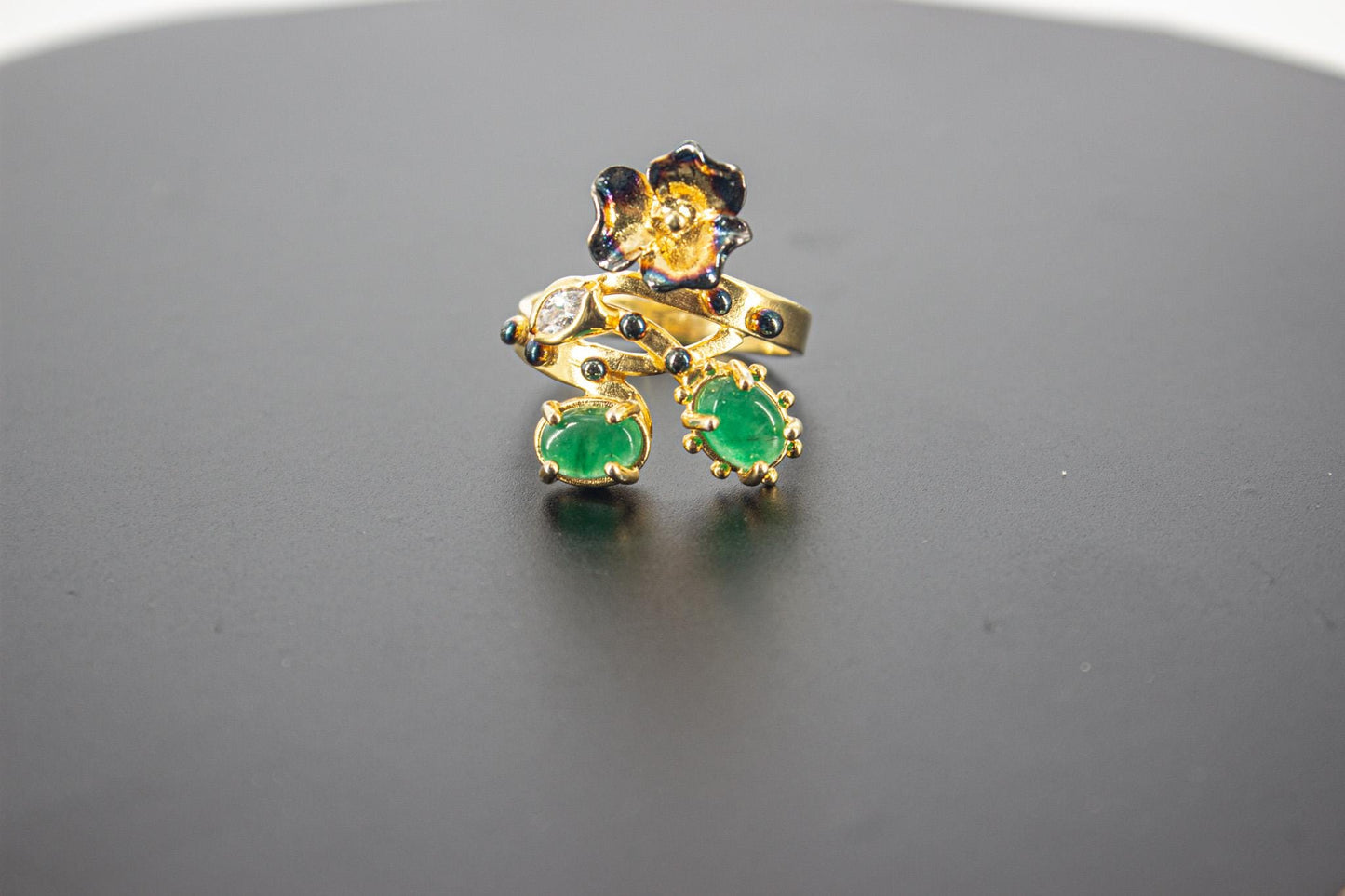 Handmade Organic 14K Gold Plated Green Agate Ring – Black Rhodium Detail, Nickel-Free Brass, Chunky Adjustable Boho