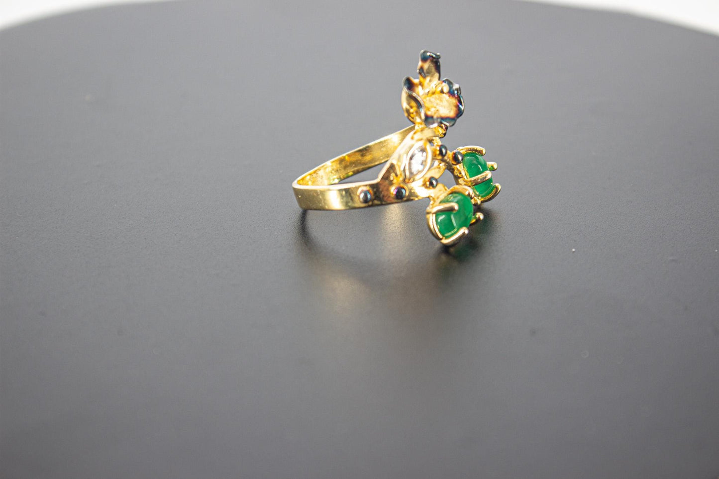 Handmade Organic 14K Gold Plated Green Agate Ring – Black Rhodium Detail, Nickel-Free Brass, Chunky Adjustable Boho