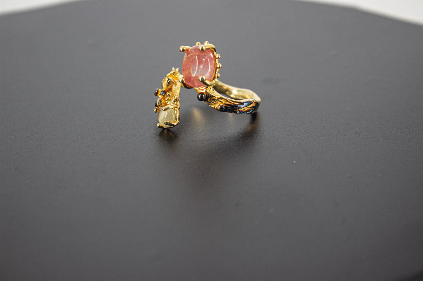 Handmade Organic 14K Gold Plated Red Agate Ring – Black Rhodium Detail, Nickel-Free Brass, Chunky Adjustable Boho