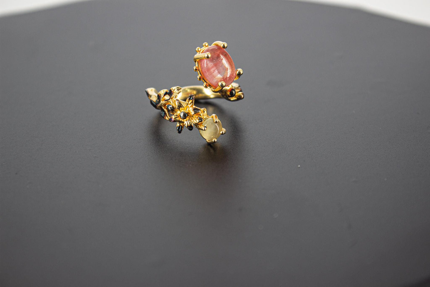 Handmade Organic 14K Gold Plated Red Agate Ring – Black Rhodium Detail, Nickel-Free Brass, Chunky Adjustable Boho