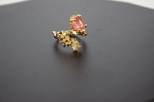 Handmade Organic 14K Gold Plated Red Agate Ring – Black Rhodium Detail, Nickel-Free Brass, Chunky Adjustable Boho