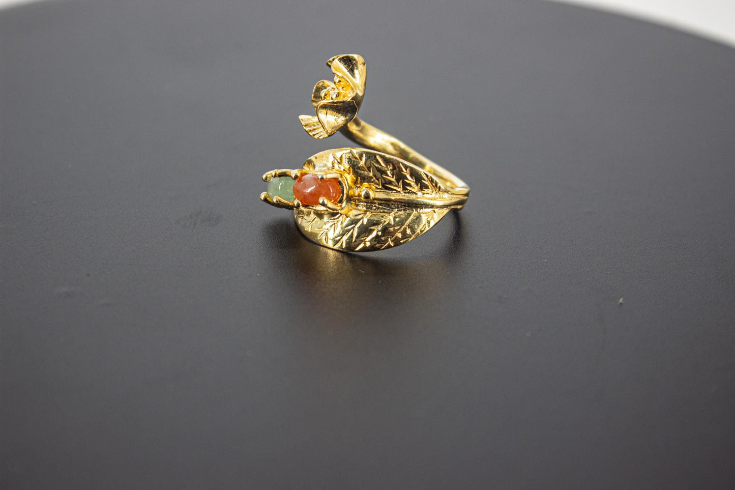 Handmade Organic 14K Gold Plated Red Agate Statement Ring – Nickel-Free Brass, Black Rhodium Detail, Chunky Adjustable Boho