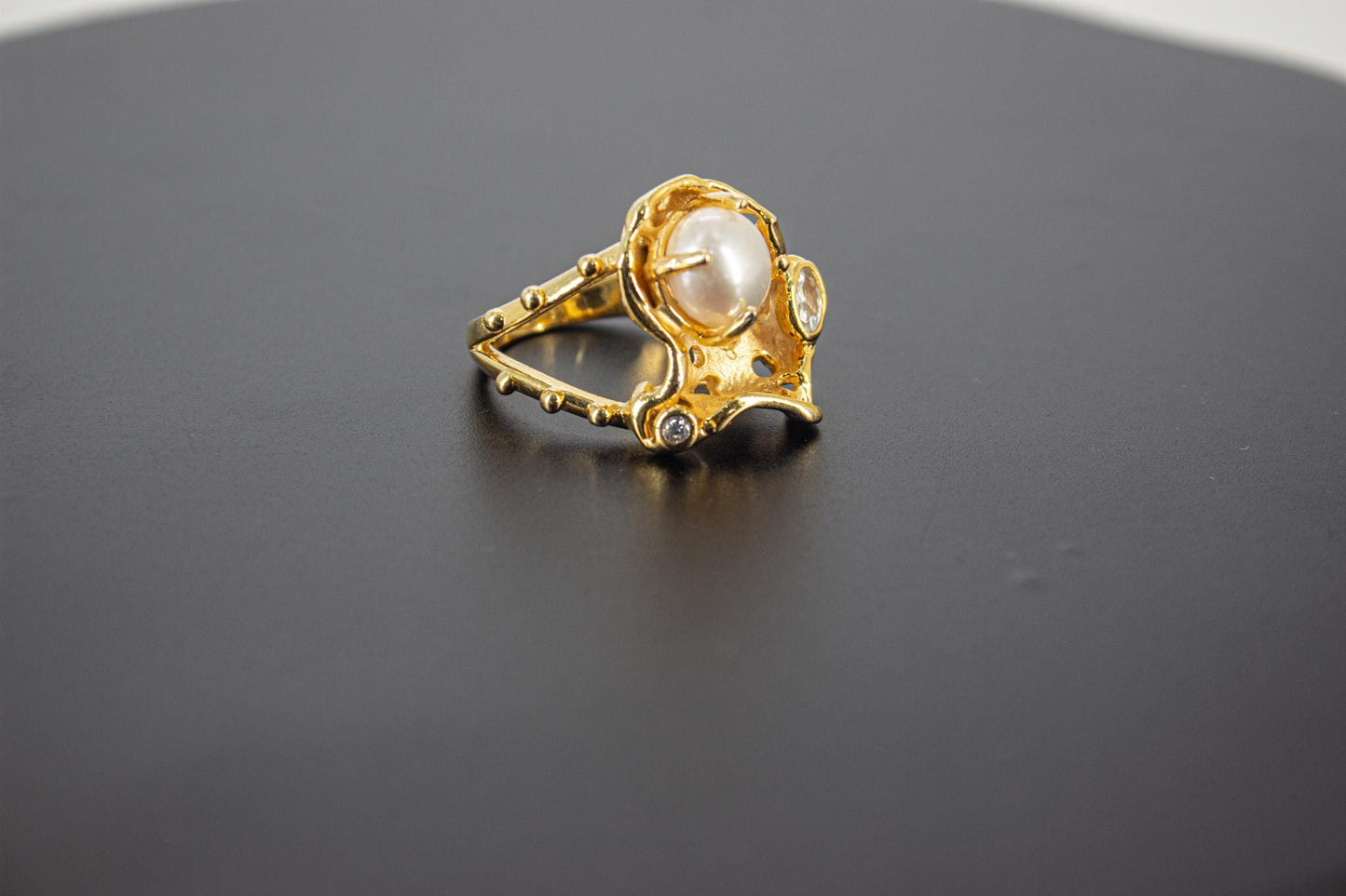 Handmade Organic 14K Gold Plated Pearl & Zircon Ring – Nickel-Free Brass, Black Rhodium Detail, Chunky Adjustable Boho