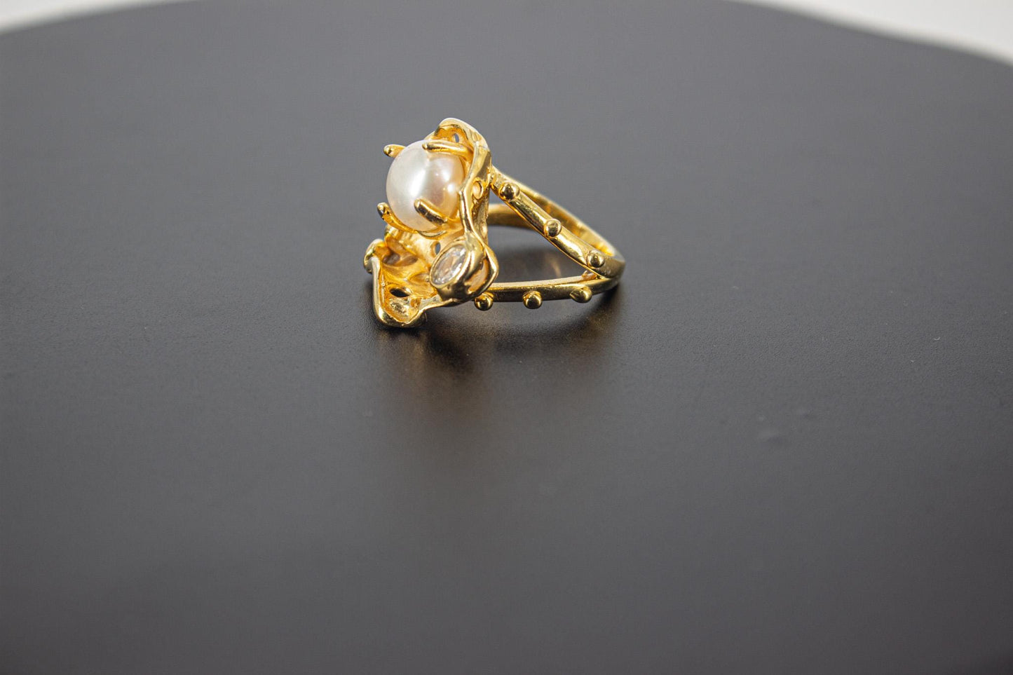 Handmade Organic 14K Gold Plated Pearl & Zircon Ring – Nickel-Free Brass, Black Rhodium Detail, Chunky Adjustable Boho