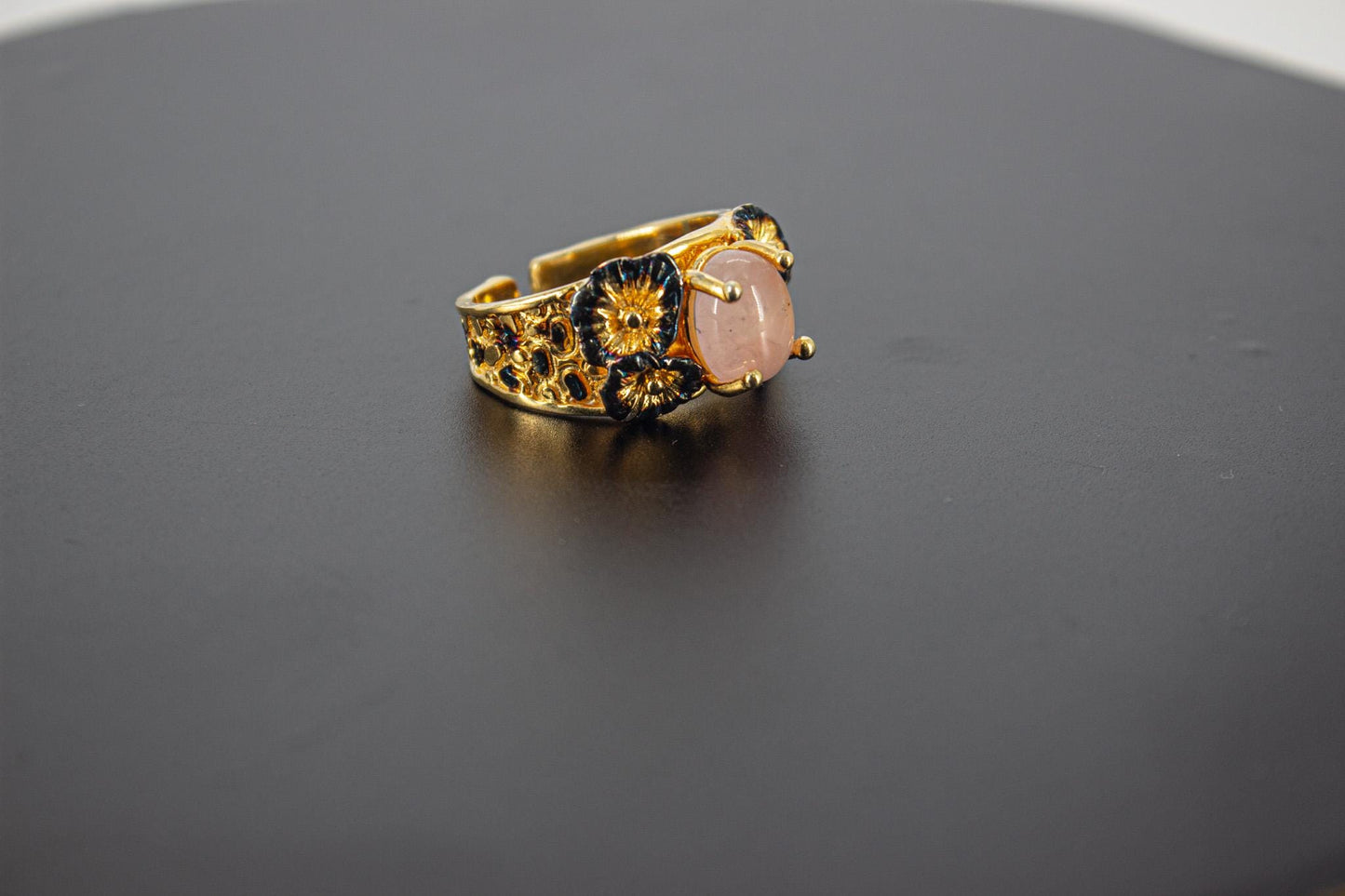 Handmade Organic 14K Gold Plated Rose Quartz Ring – Nickel-Free Brass, Black Rhodium Detail, Chunky Adjustable Boho