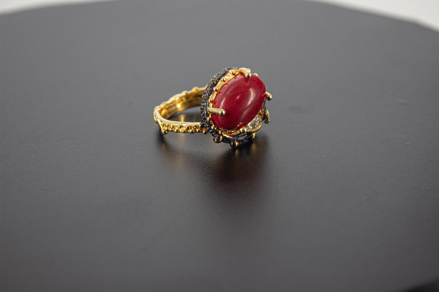 Handmade Organic 14K Gold Plated Red Agate Ring – Nickel-Free Brass, Black Rhodium Detail, Chunky Adjustable Boho