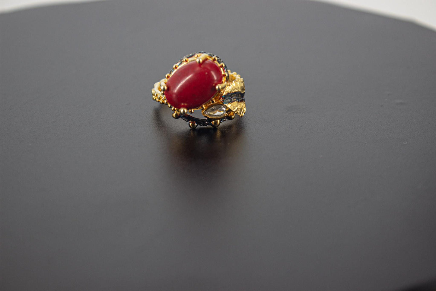 Handmade Organic 14K Gold Plated Red Agate Ring – Nickel-Free Brass, Black Rhodium Detail, Chunky Adjustable Boho