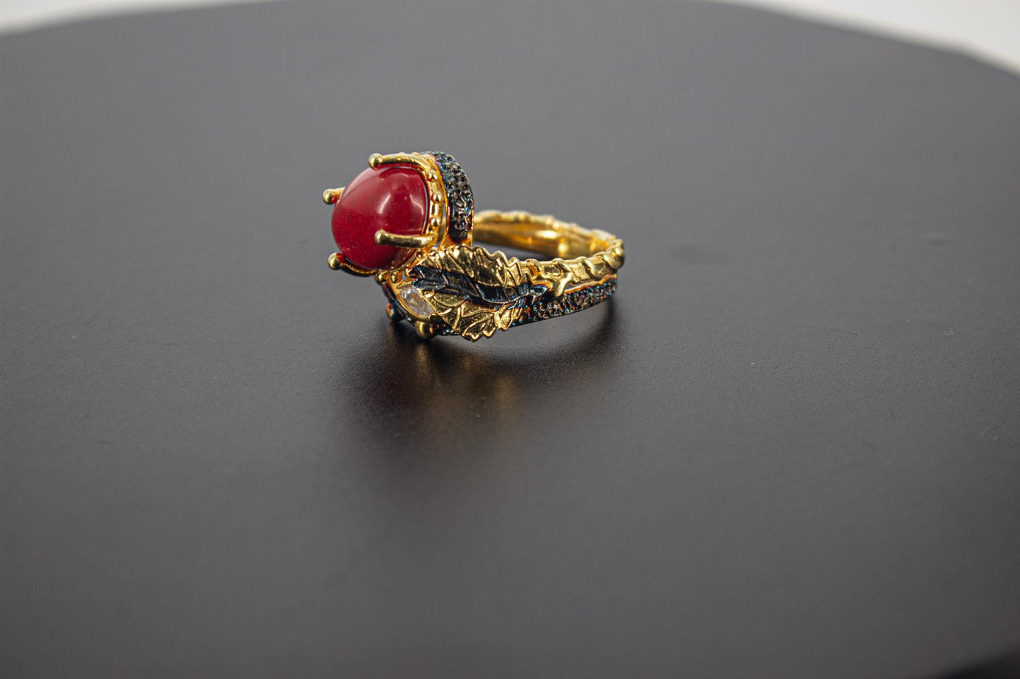Handmade Organic 14K Gold Plated Red Agate Ring – Nickel-Free Brass, Black Rhodium Detail, Chunky Adjustable Boho