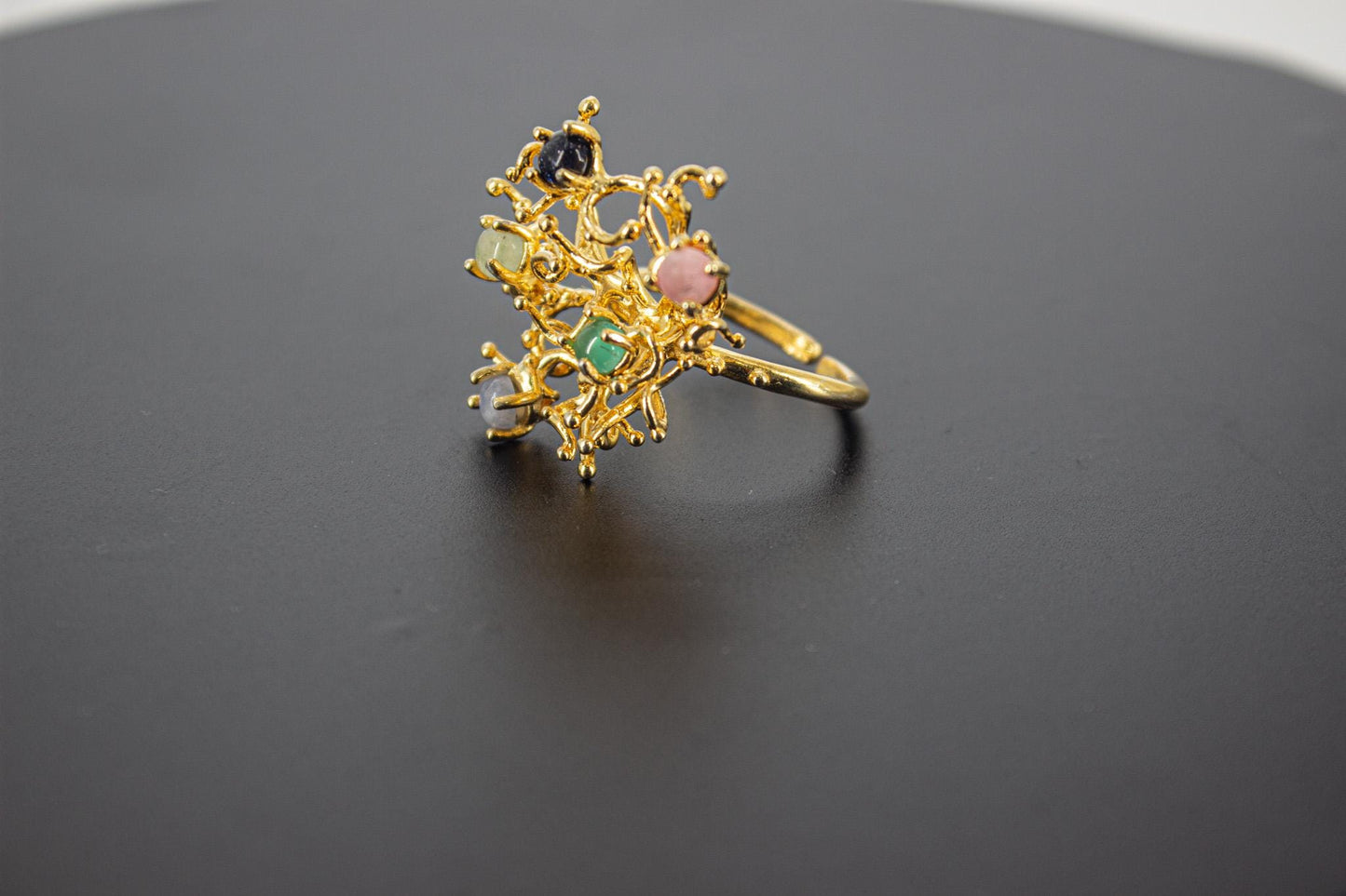 Handmade Organic 14K Gold Plated Natural Agate Ring – Nickel-Free Brass, Black Rhodium Detail, Chunky Adjustable Boho