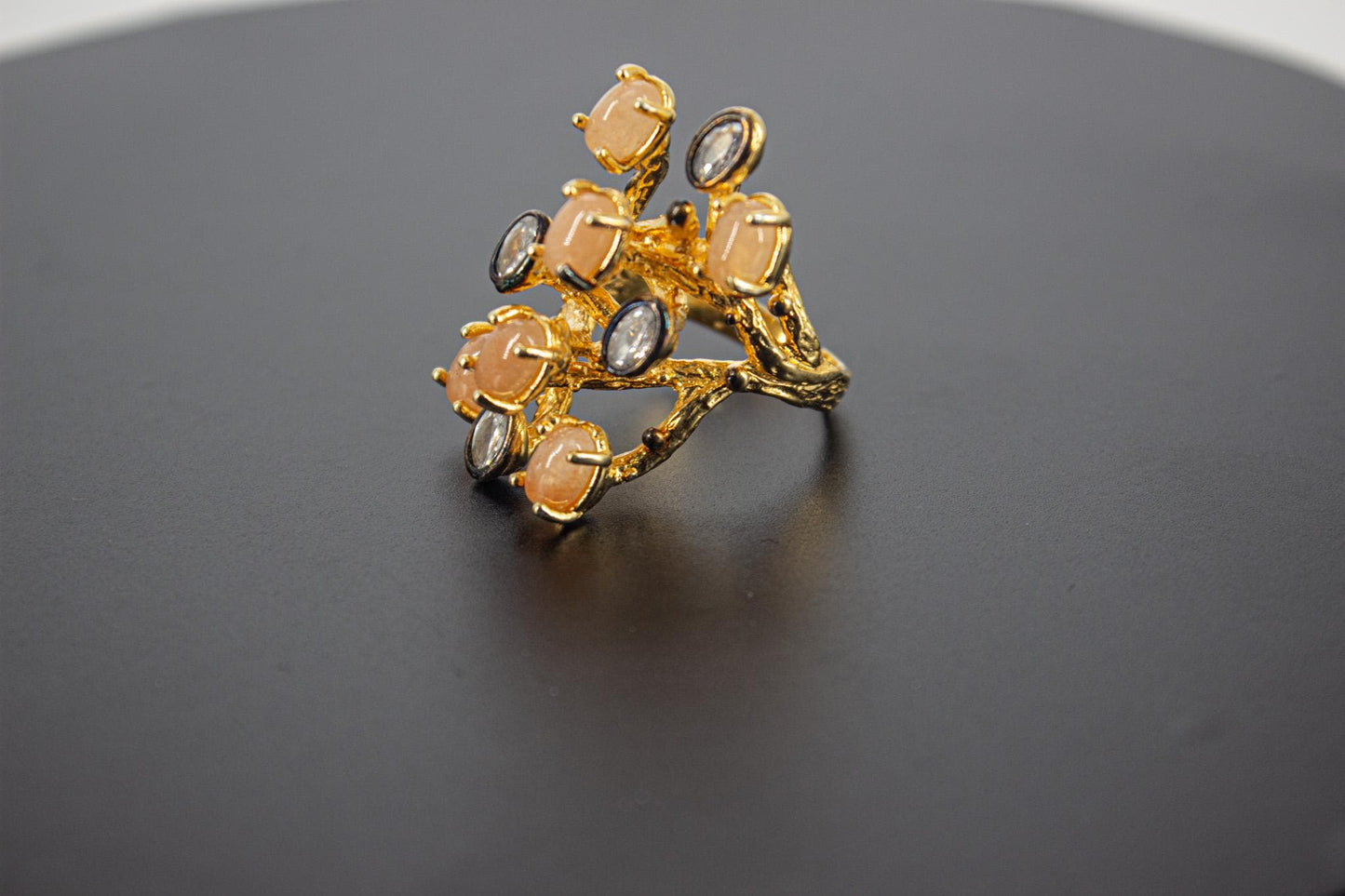 Handmade Organic 14K Gold Plated Rose Quartz & Zircon Ring – Nickel-Free Brass, Black Rhodium Detail, Chunky Adjustable Boho