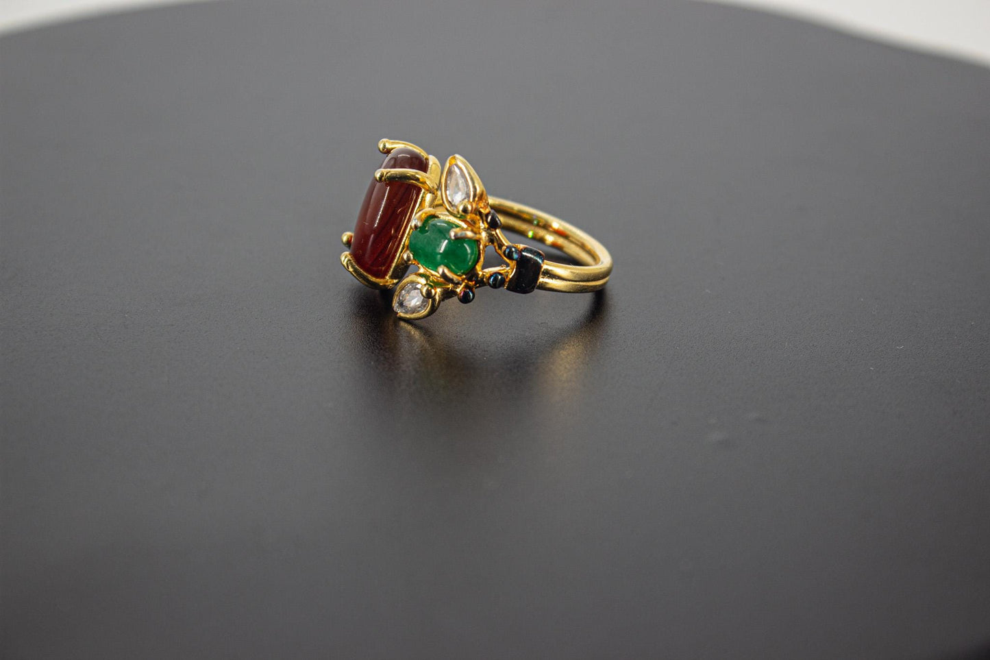 Handmade Organic 14K Gold Plated Green Red Agate & Zircon Ring – Nickel-Free Brass, Black Rhodium Detail, Chunky Adjustable Boho