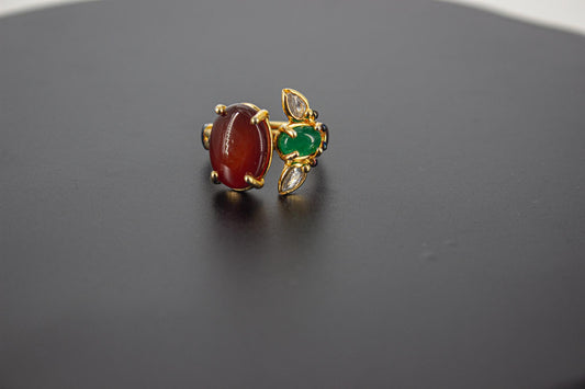Handmade Organic 14K Gold Plated Green Red Agate & Zircon Ring – Nickel-Free Brass, Black Rhodium Detail, Chunky Adjustable Boho