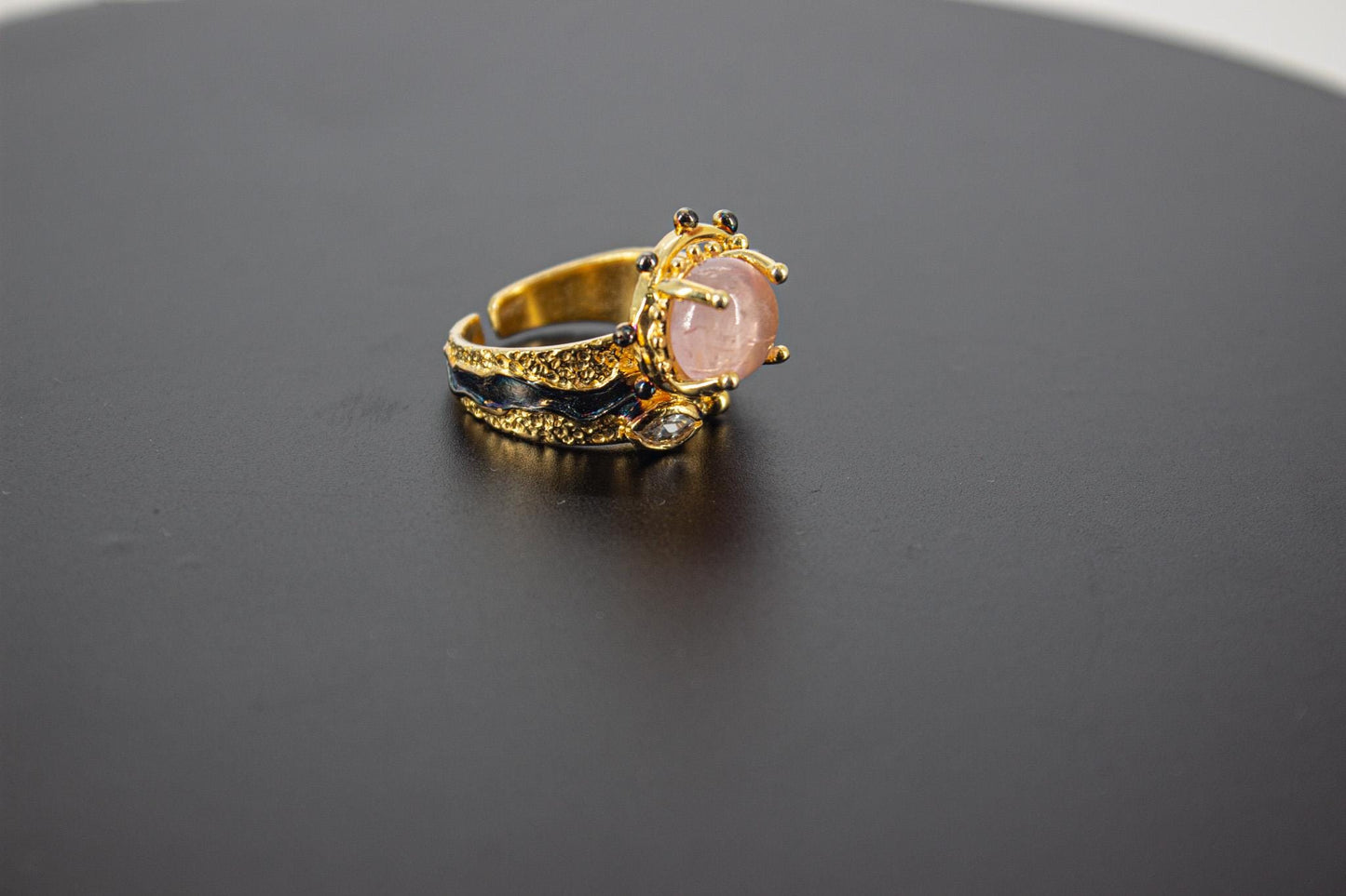 Handmade Organic 14K Gold Plated Rose Quartz & Zircon Ring – Nickel-Free Brass, Black Rhodium Detail, Chunky Adjustable Boho