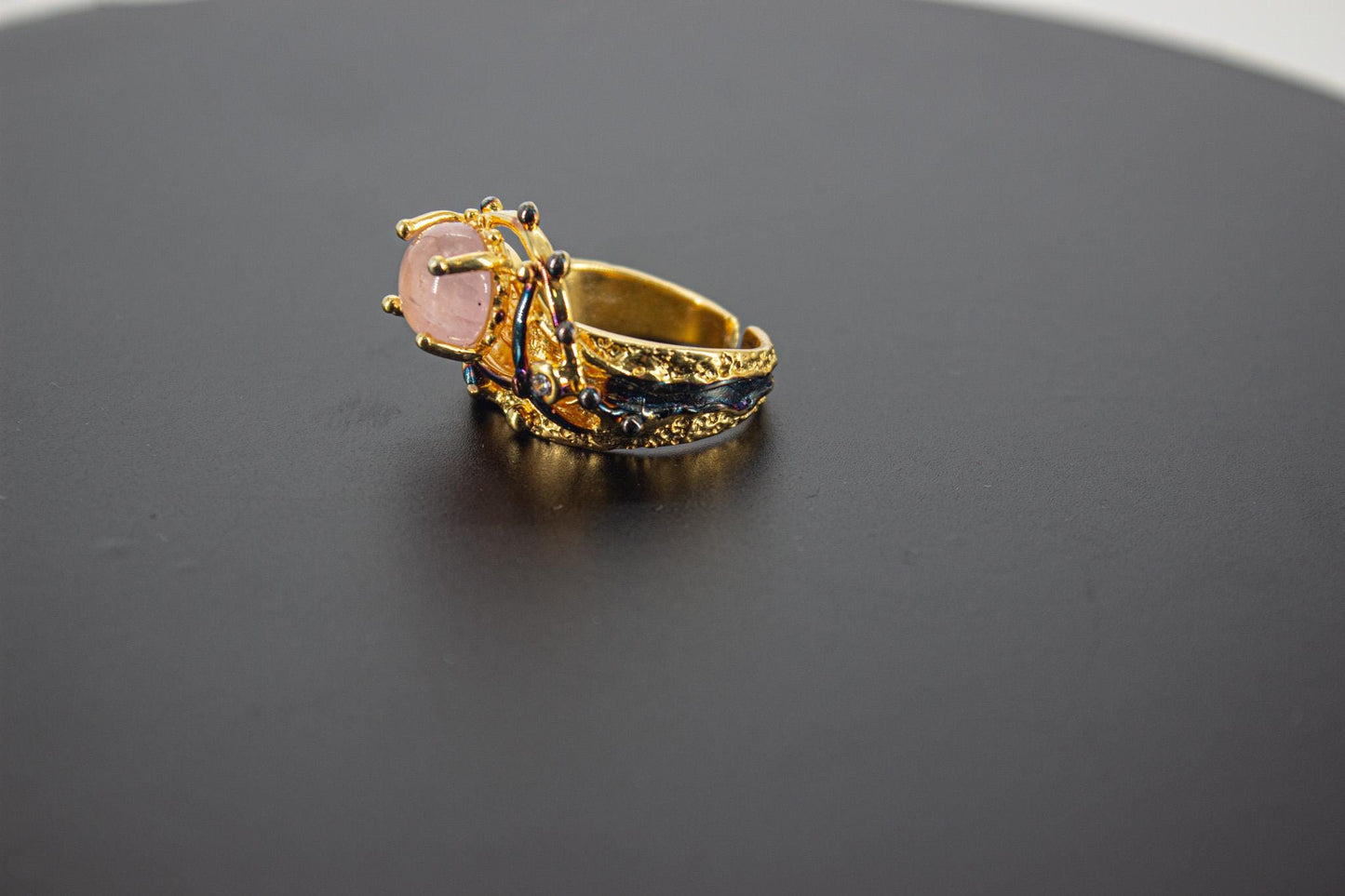 Handmade Organic 14K Gold Plated Rose Quartz & Zircon Ring – Nickel-Free Brass, Black Rhodium Detail, Chunky Adjustable Boho