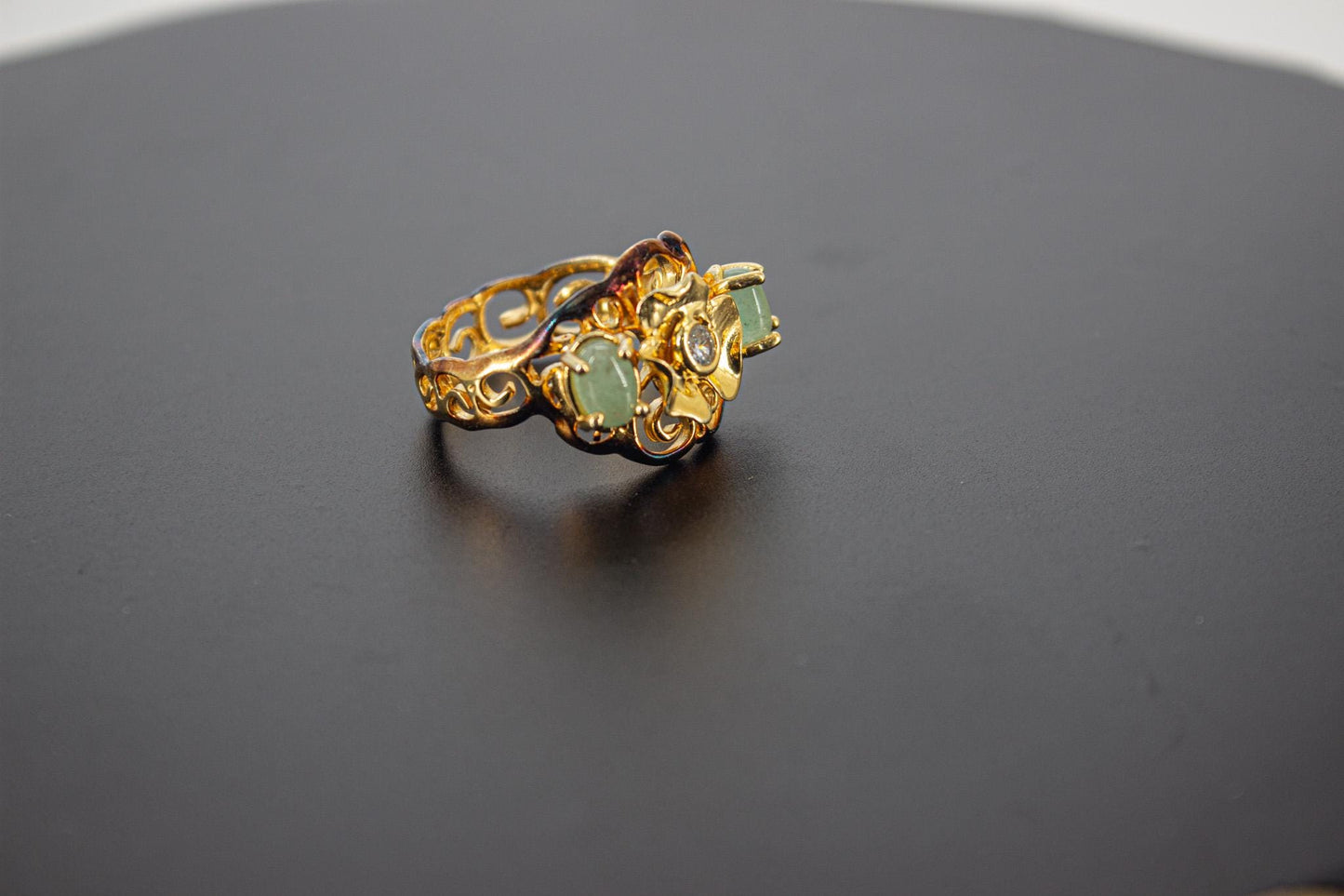 Handmade Organic 14K Gold Plated Aquamarine & Zircon Ring – Nickel-Free Brass, Black Rhodium Detail, Chunky Adjustable Boho