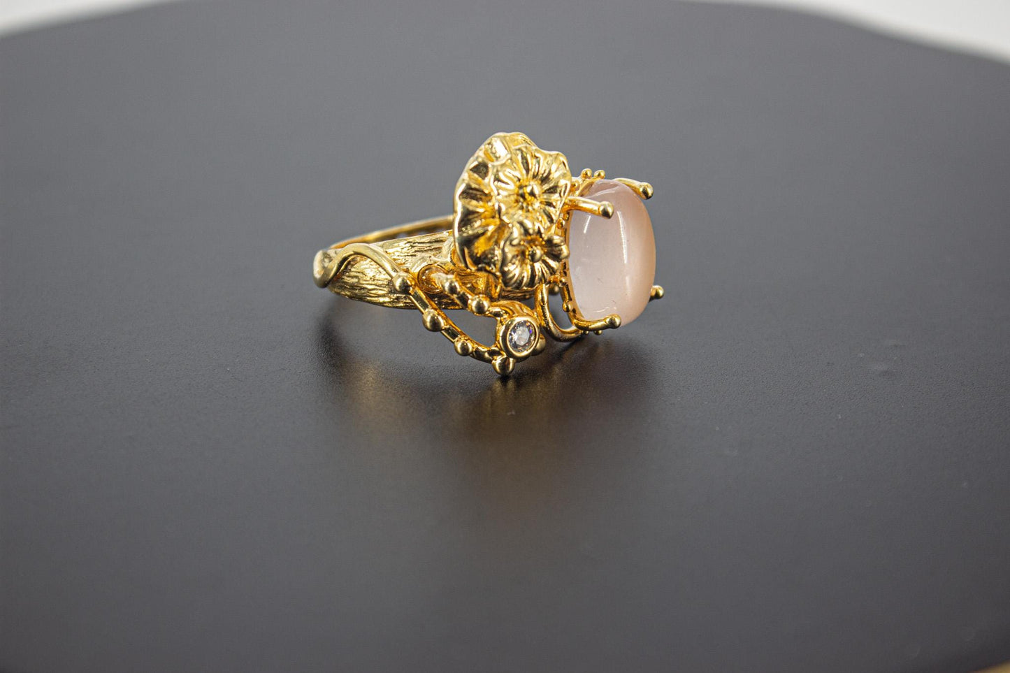 Handmade Organic 14K Gold Plated Rose Quartz & Zircon Ring – Nickel-Free Brass, Black Rhodium Detail, Sculptural Adjustable Boho