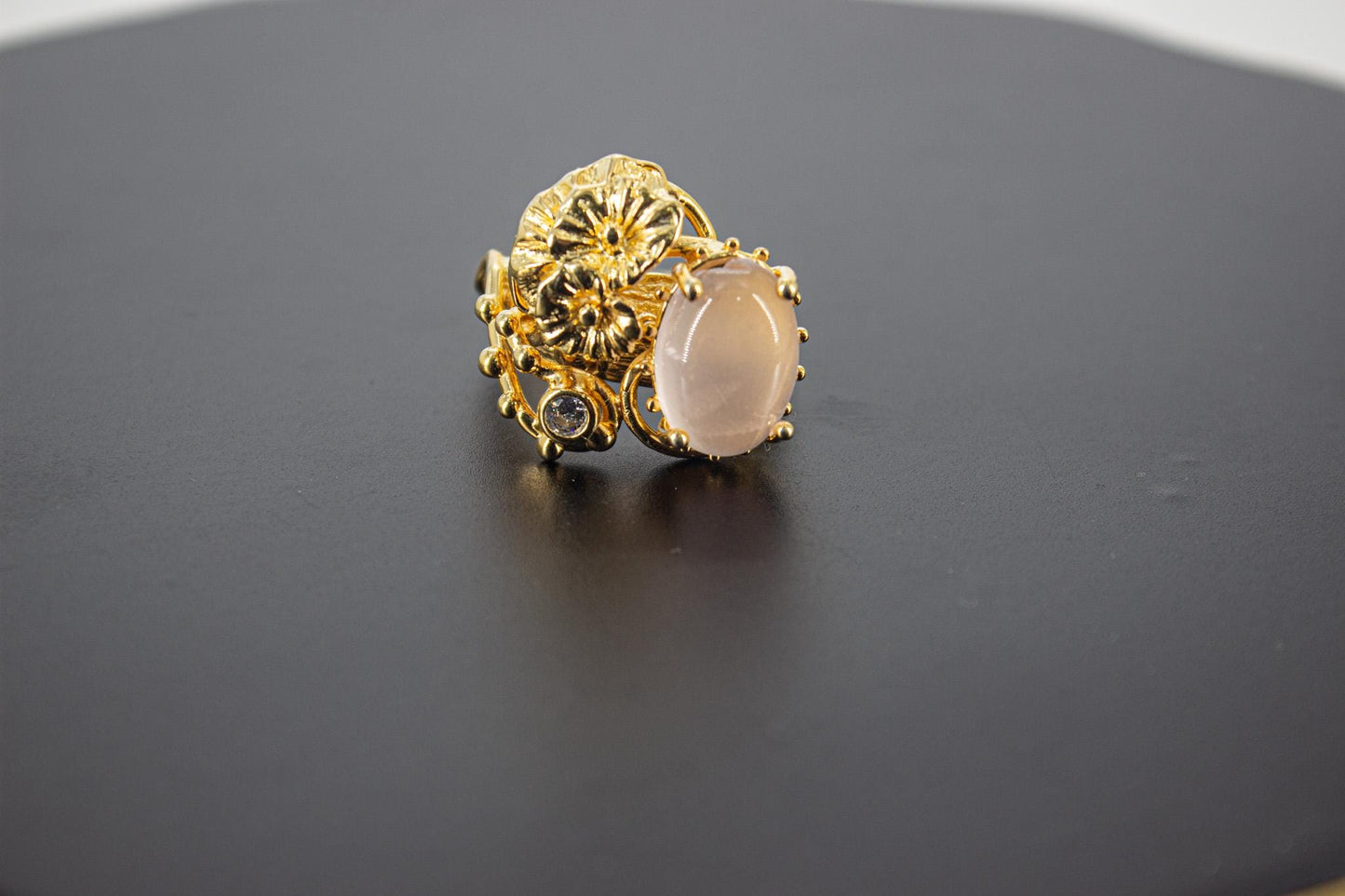 Handmade Organic 14K Gold Plated Rose Quartz & Zircon Ring – Nickel-Free Brass, Black Rhodium Detail, Sculptural Adjustable Boho